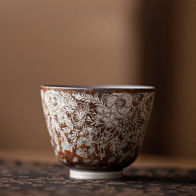 Nimara Ritual Brown Flowers In Full Bloom Teacup Kung Fu Tea Cup 100ml With Gift Box
