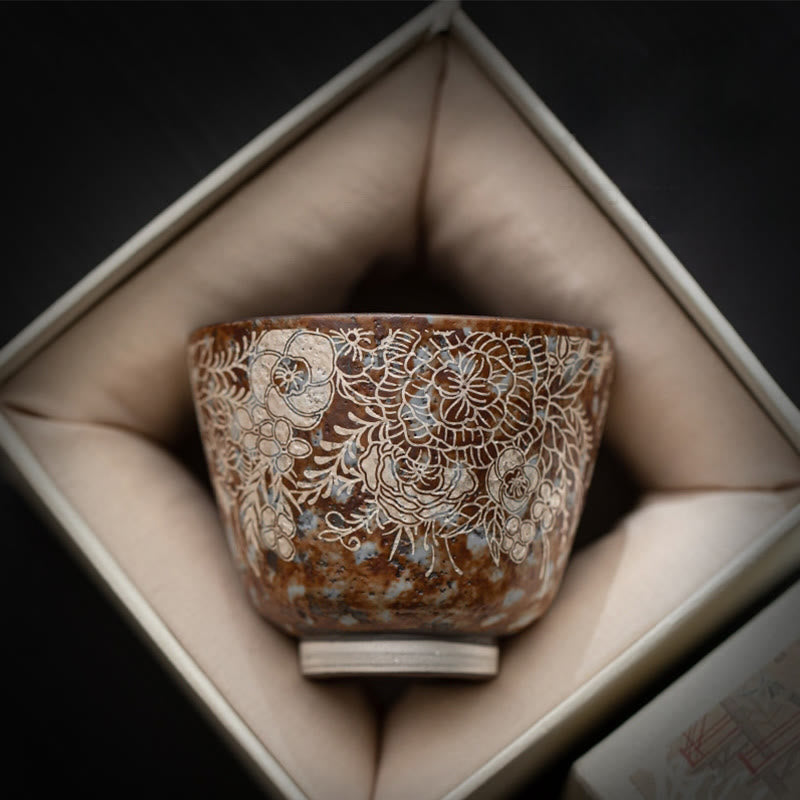 Nimara Ritual Brown Flowers In Full Bloom Teacup Kung Fu Tea Cup 100ml With Gift Box