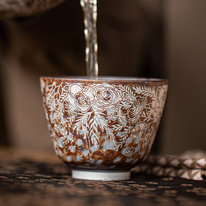 Nimara Ritual Brown Flowers In Full Bloom Teacup Kung Fu Tea Cup 100ml With Gift Box
