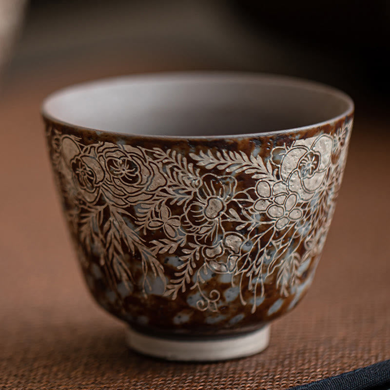 Nimara Ritual Brown Flowers In Full Bloom Teacup Kung Fu Tea Cup 100ml With Gift Box