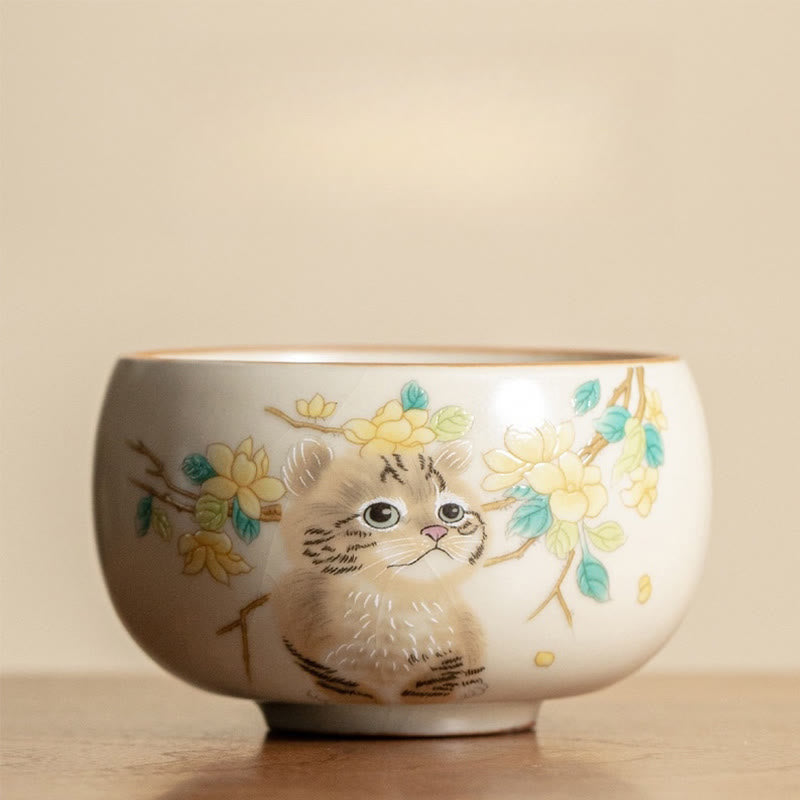 Nimara Ritual Cute Cat Yellow Flowers Rabbit Teacup Kung Fu Tea Cup