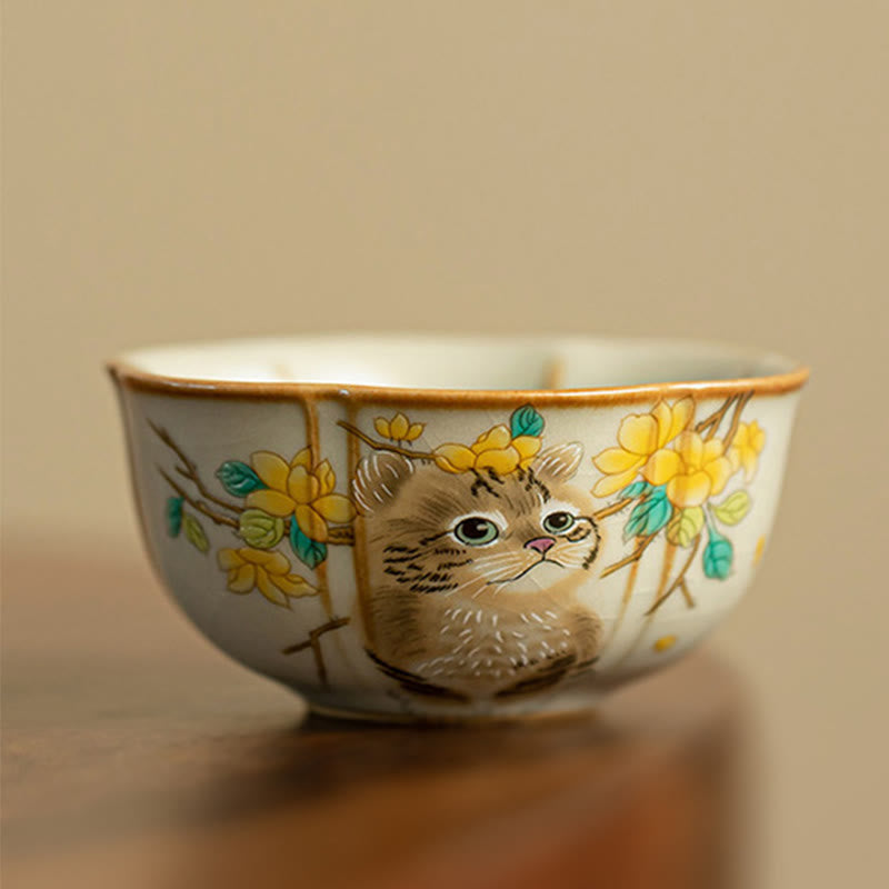 Nimara Ritual Cute Cat Yellow Flowers Rabbit Teacup Kung Fu Tea Cup