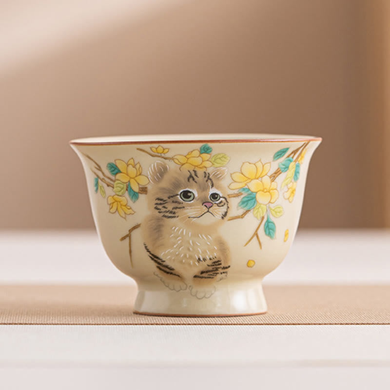 Nimara Ritual Cute Cat Yellow Flowers Rabbit Teacup Kung Fu Tea Cup