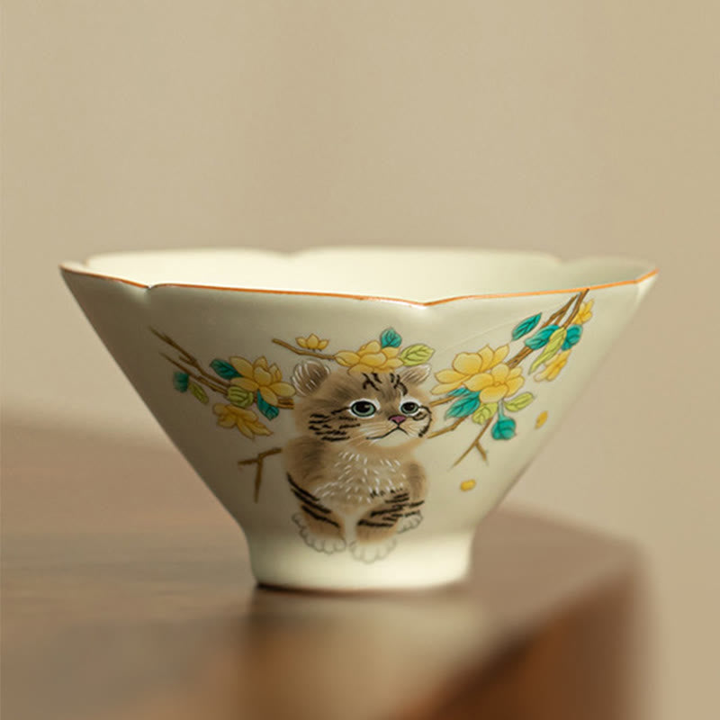 Nimara Ritual Cute Cat Yellow Flowers Rabbit Teacup Kung Fu Tea Cup