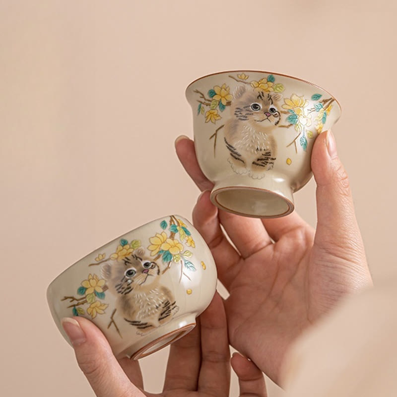 Nimara Ritual Cute Cat Yellow Flowers Rabbit Teacup Kung Fu Tea Cup