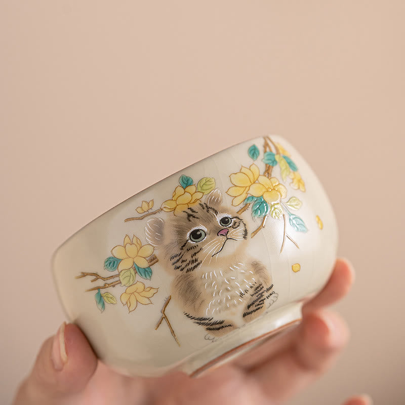 Nimara Ritual Cute Cat Yellow Flowers Rabbit Teacup Kung Fu Tea Cup