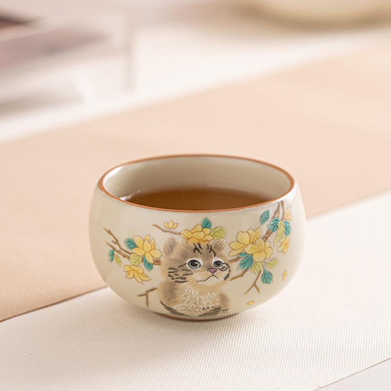 Nimara Ritual Cute Cat Yellow Flowers Rabbit Teacup Kung Fu Tea Cup