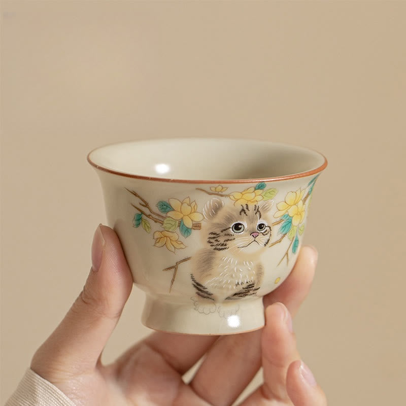 Nimara Ritual Cute Cat Yellow Flowers Rabbit Teacup Kung Fu Tea Cup
