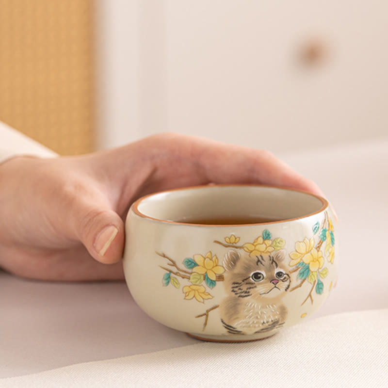 Nimara Ritual Cute Cat Yellow Flowers Rabbit Teacup Kung Fu Tea Cup