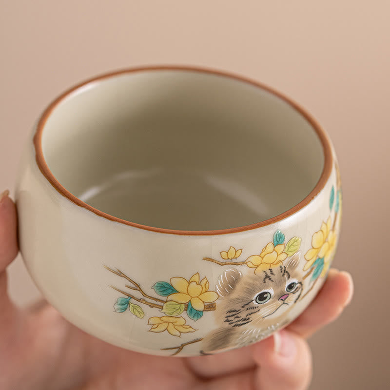 Nimara Ritual Cute Cat Yellow Flowers Rabbit Teacup Kung Fu Tea Cup