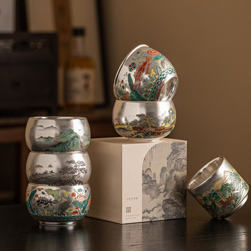 Nimara Ritual Fish Lotus Seaweed Valley Mountains Pine Tree Dragon Teacup Kung Fu Tea Cup With Gift Box