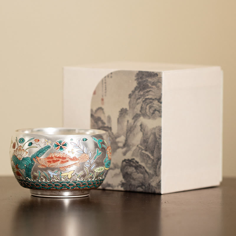 Nimara Ritual Fish Lotus Seaweed Valley Mountains Pine Tree Dragon Teacup Kung Fu Tea Cup With Gift Box