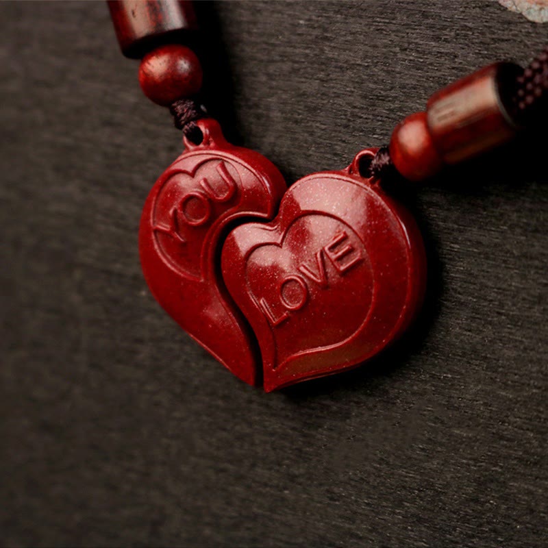 Nimara Ritual 2Pcs LOVE YOU Natural Cinnabar Love Heart String Blessing Couple Necklace Pendant