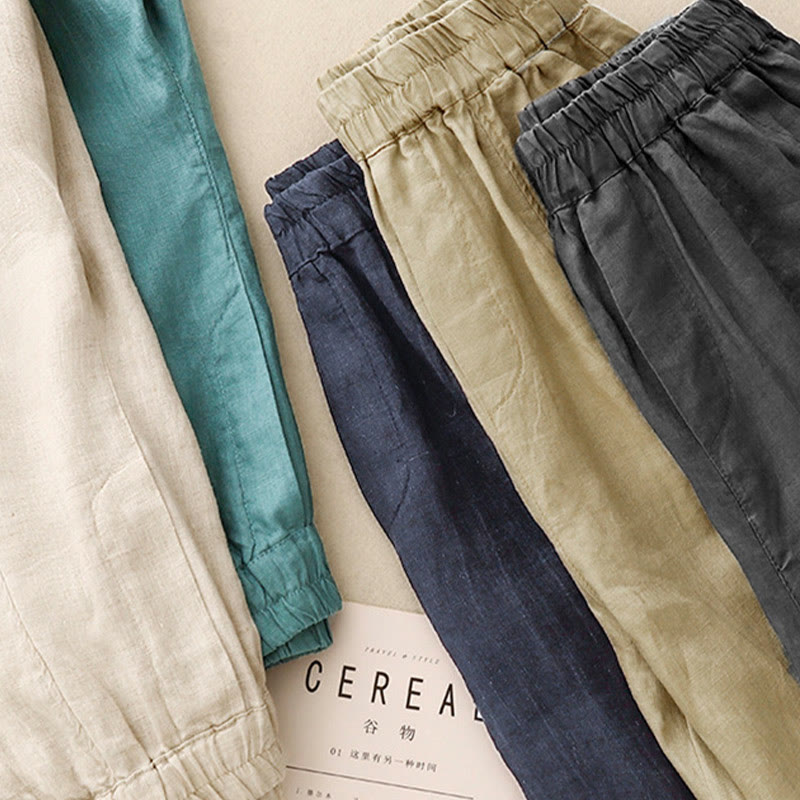 Nimara Ritual Summer Solid Color Side Button Design Cotton Linen Women's Harem Pants With Pockets
