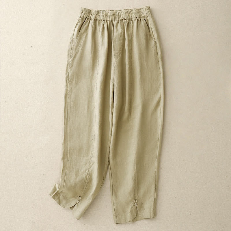 Nimara Ritual Summer Solid Color Side Button Design Cotton Linen Women's Harem Pants With Pockets