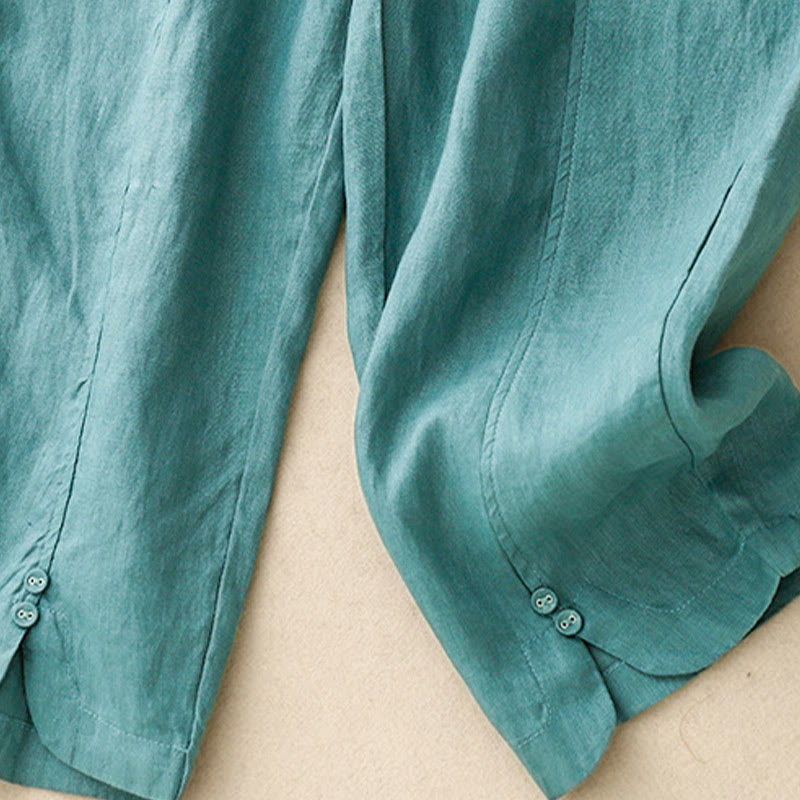 Nimara Ritual Summer Solid Color Side Button Design Cotton Linen Women's Harem Pants With Pockets