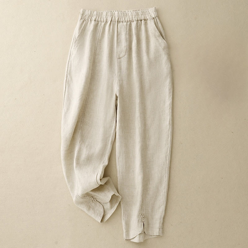 Nimara Ritual Summer Solid Color Side Button Design Cotton Linen Women's Harem Pants With Pockets