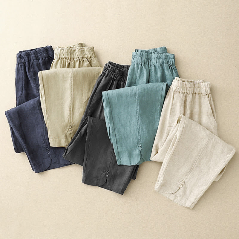 Nimara Ritual Summer Solid Color Side Button Design Cotton Linen Women's Harem Pants With Pockets