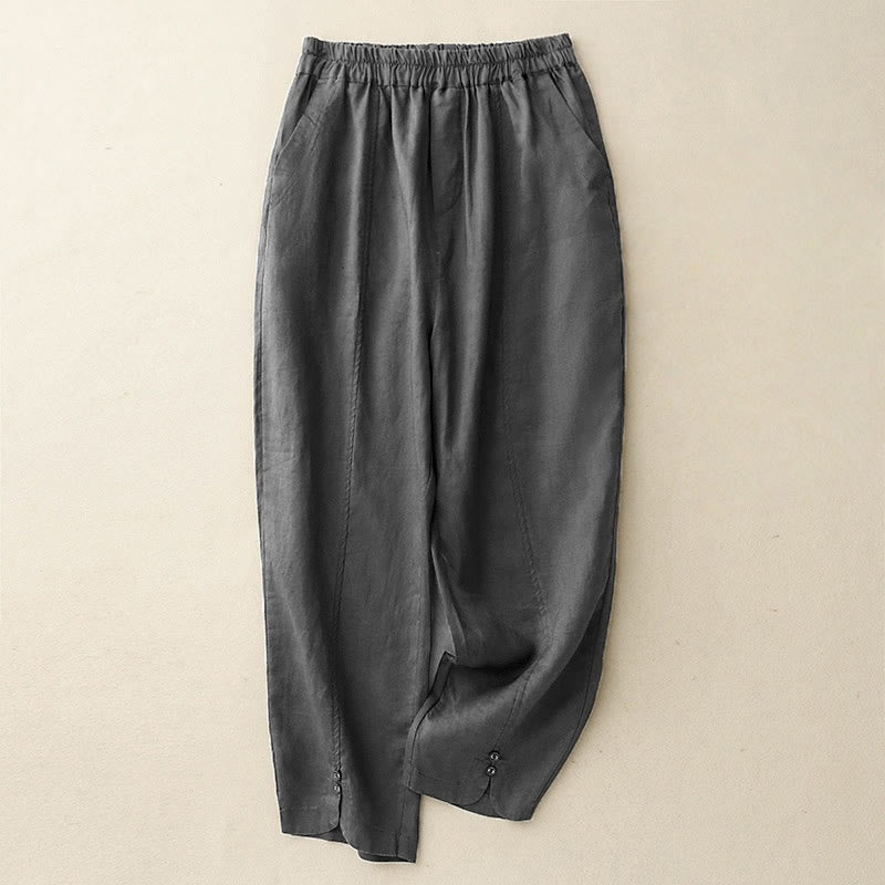 Nimara Ritual Summer Solid Color Side Button Design Cotton Linen Women's Harem Pants With Pockets