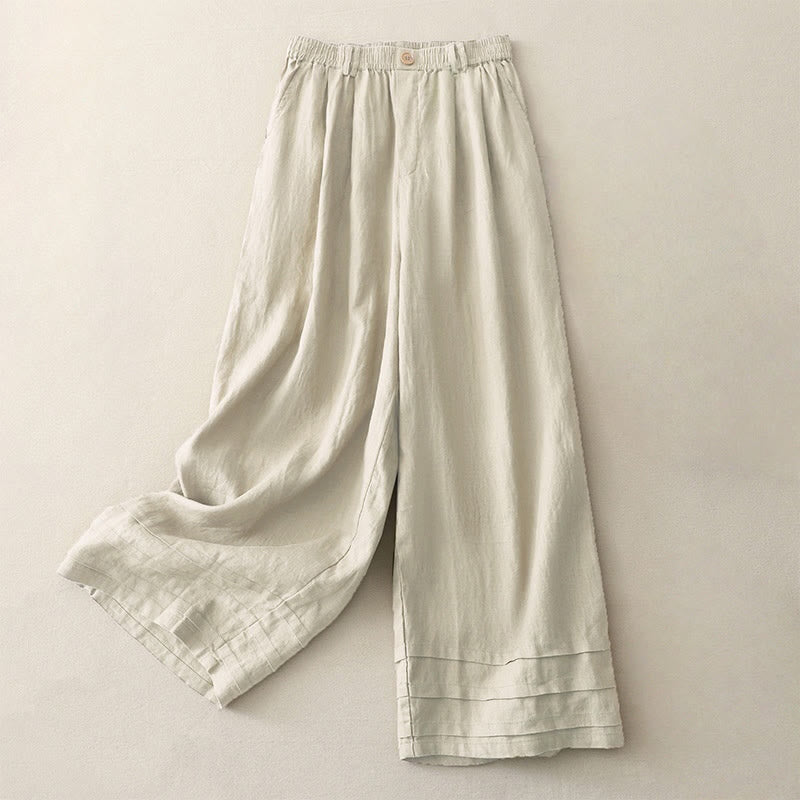 Nimara Ritual Vintage Solid Color Pleated Cuff Design Cotton Linen Women's Wide Leg Pants With Pockets