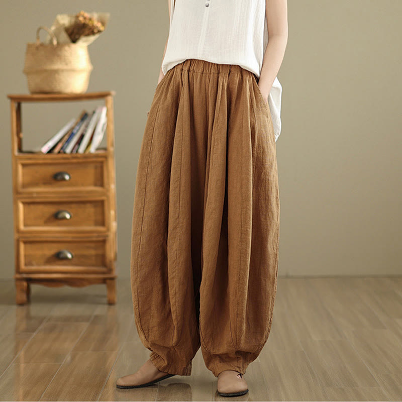 Nimara Ritual Vintage Patchwork Lantern Design Cotton Linen Women's Wide Leg Pants With Pockets