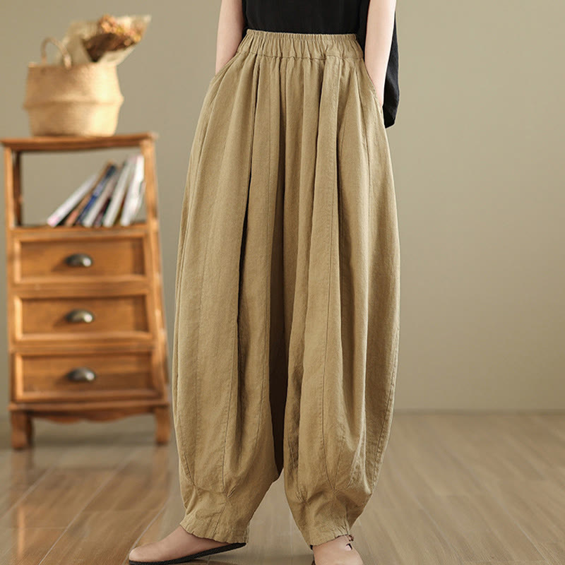 Nimara Ritual Vintage Patchwork Lantern Design Cotton Linen Women's Wide Leg Pants With Pockets