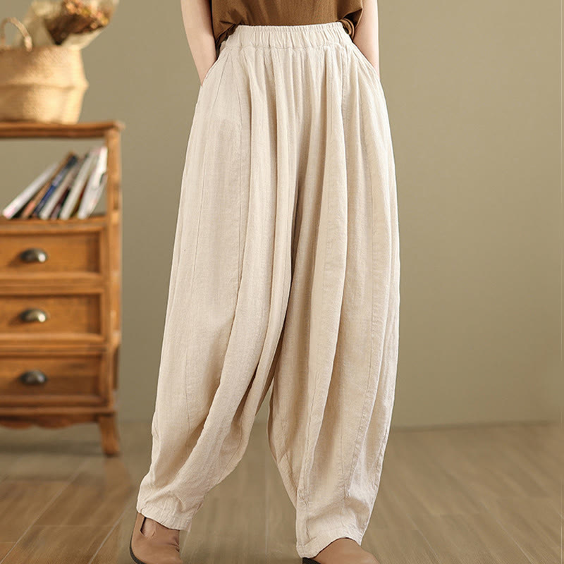 Nimara Ritual Vintage Patchwork Lantern Design Cotton Linen Women's Wide Leg Pants With Pockets
