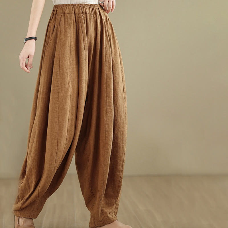 Nimara Ritual Vintage Patchwork Lantern Design Cotton Linen Women's Wide Leg Pants With Pockets