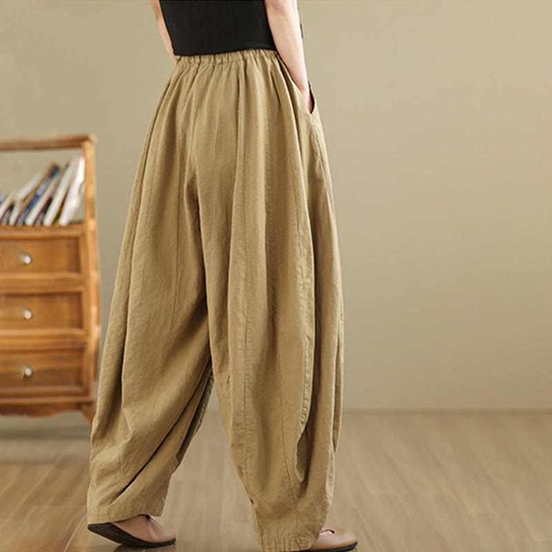 Nimara Ritual Vintage Patchwork Lantern Design Cotton Linen Women's Wide Leg Pants With Pockets
