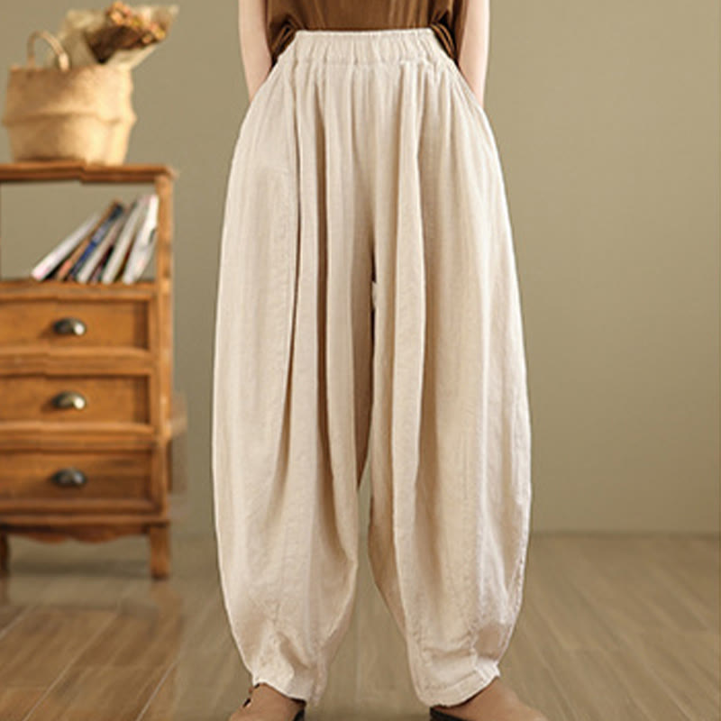 Nimara Ritual Vintage Patchwork Lantern Design Cotton Linen Women's Wide Leg Pants With Pockets