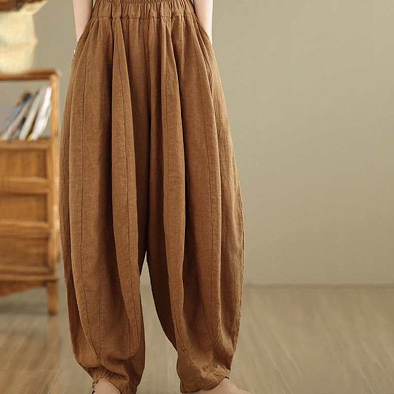 Nimara Ritual Vintage Patchwork Lantern Design Cotton Linen Women's Wide Leg Pants With Pockets