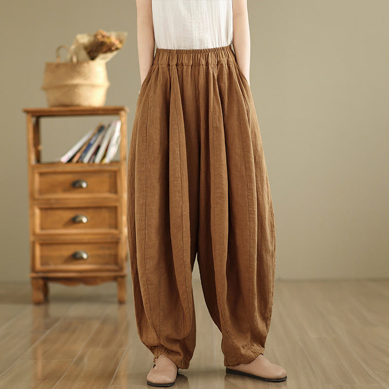 Nimara Ritual Vintage Patchwork Lantern Design Cotton Linen Women's Wide Leg Pants With Pockets