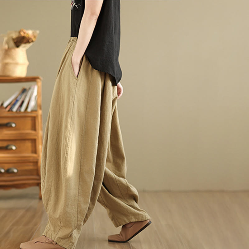 Nimara Ritual Vintage Patchwork Lantern Design Cotton Linen Women's Wide Leg Pants With Pockets
