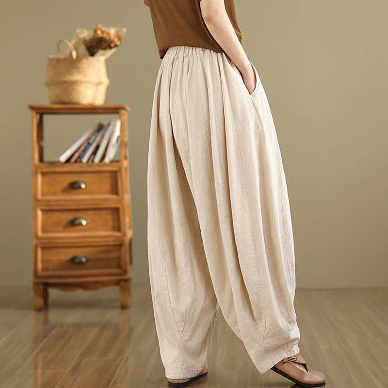 Nimara Ritual Vintage Patchwork Lantern Design Cotton Linen Women's Wide Leg Pants With Pockets