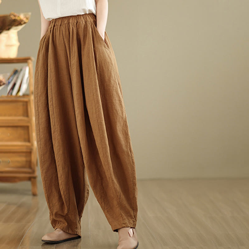 Nimara Ritual Vintage Patchwork Lantern Design Cotton Linen Women's Wide Leg Pants With Pockets