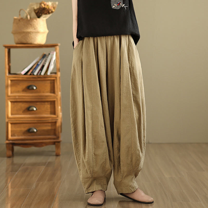 Nimara Ritual Vintage Patchwork Lantern Design Cotton Linen Women's Wide Leg Pants With Pockets
