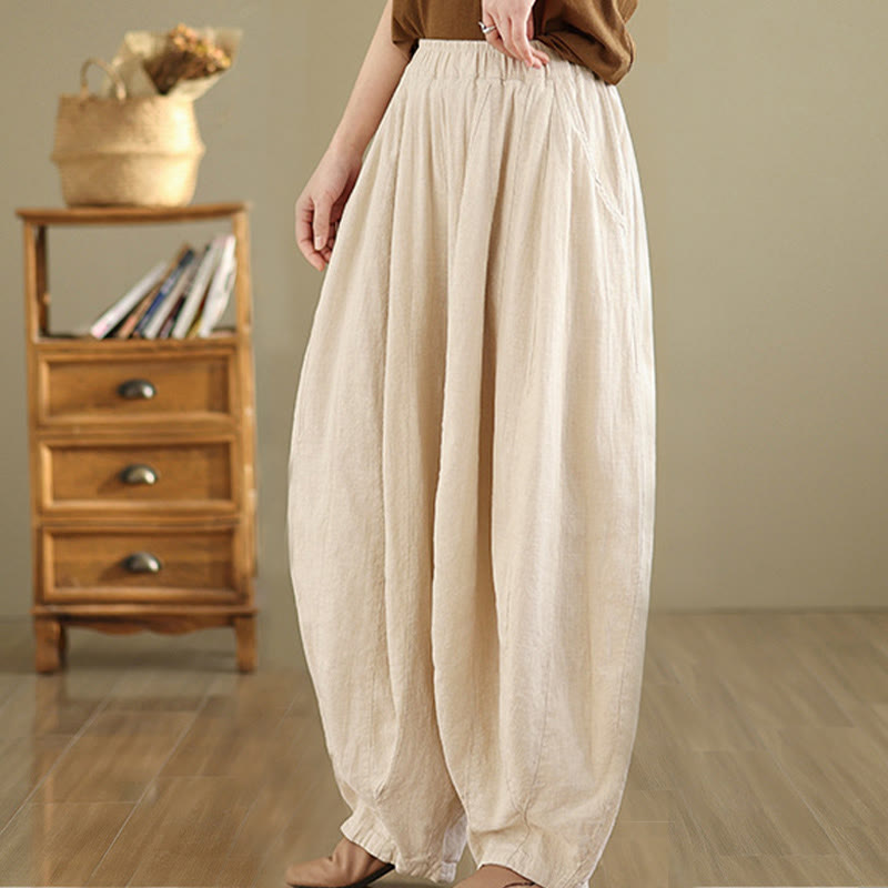 Nimara Ritual Vintage Patchwork Lantern Design Cotton Linen Women's Wide Leg Pants With Pockets