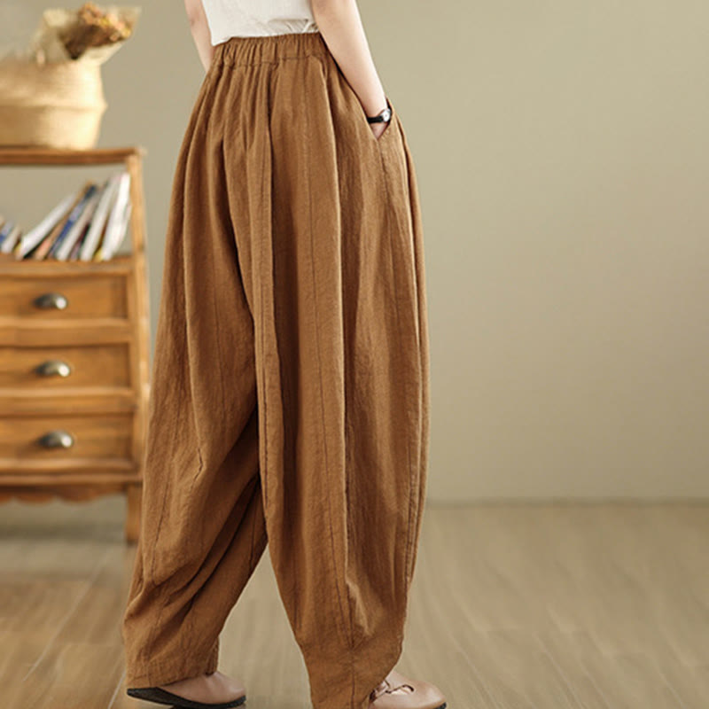 Nimara Ritual Vintage Patchwork Lantern Design Cotton Linen Women's Wide Leg Pants With Pockets