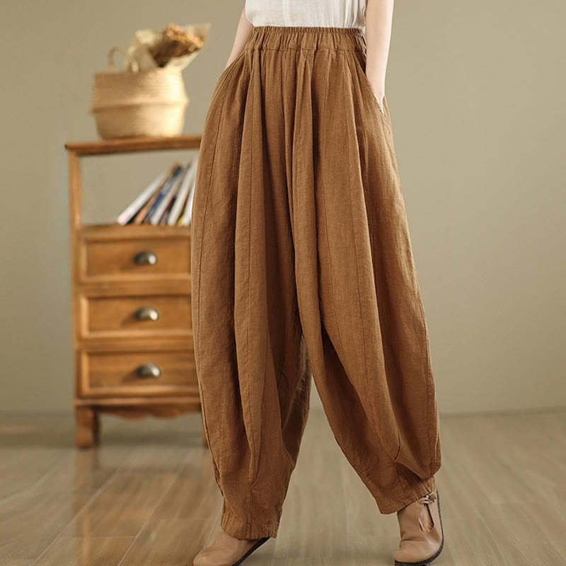 Nimara Ritual Vintage Patchwork Lantern Design Cotton Linen Women's Wide Leg Pants With Pockets