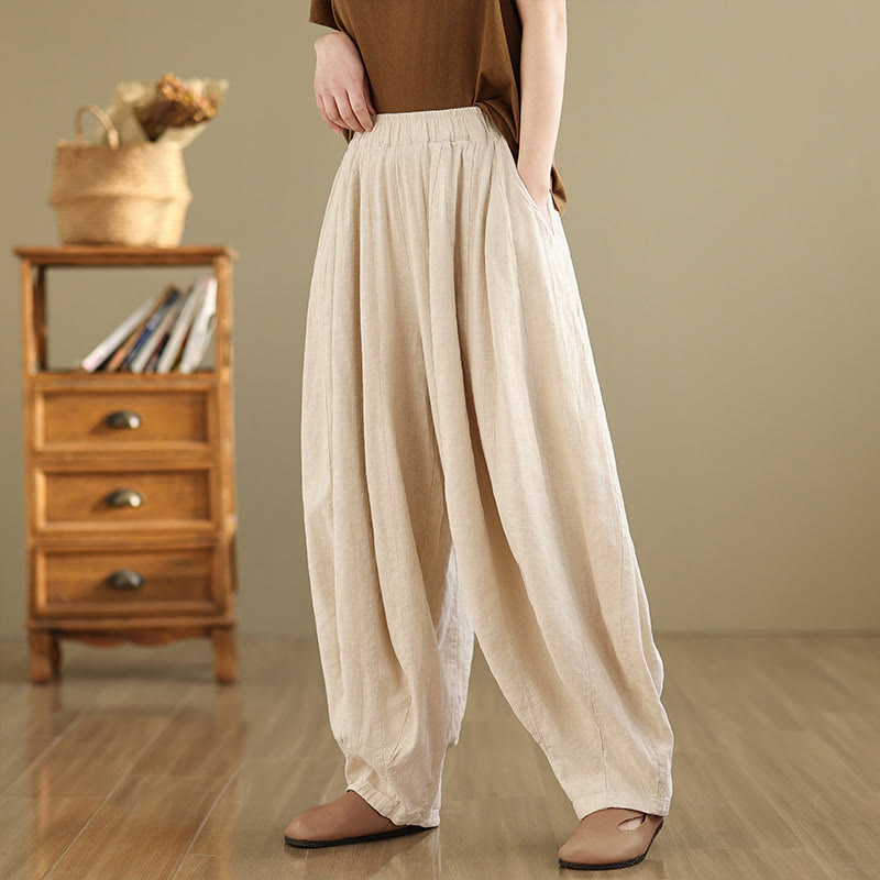 Nimara Ritual Vintage Patchwork Lantern Design Cotton Linen Women's Wide Leg Pants With Pockets