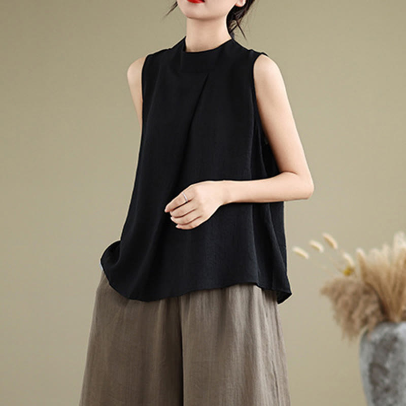 Nimara Ritual Casual Plain Back Buttom Design Stand Collar Cotton Linen Women's Sleeveless Vest