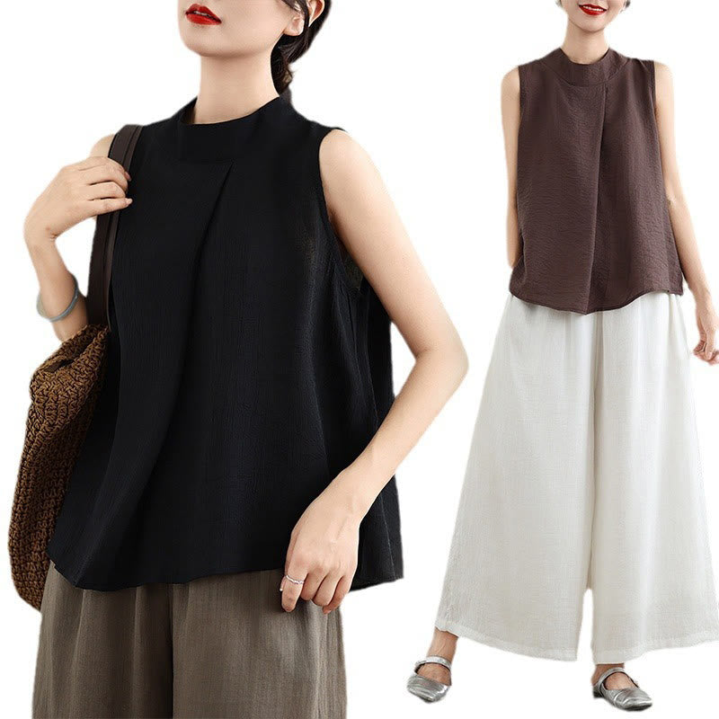 Nimara Ritual Casual Plain Back Buttom Design Stand Collar Cotton Linen Women's Sleeveless Vest