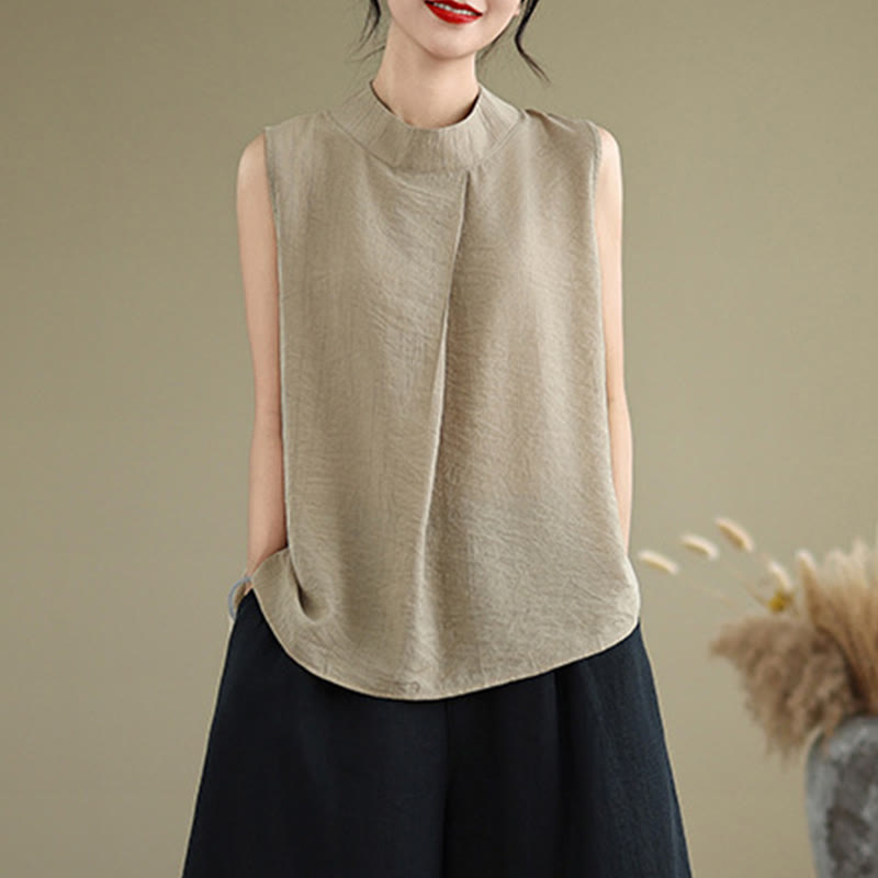 Nimara Ritual Casual Plain Back Buttom Design Stand Collar Cotton Linen Women's Sleeveless Vest