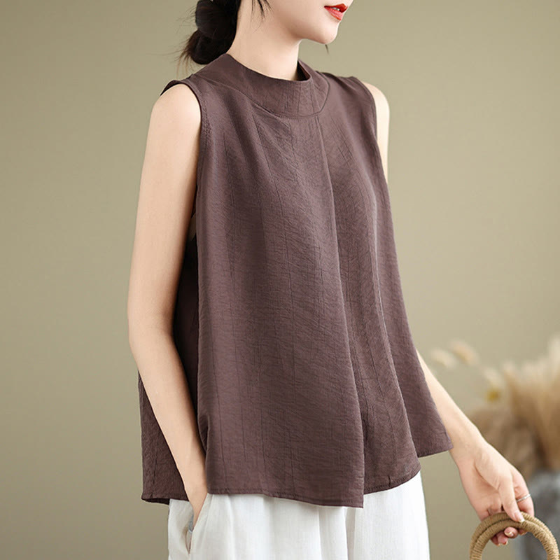 Nimara Ritual Casual Plain Back Buttom Design Stand Collar Cotton Linen Women's Sleeveless Vest