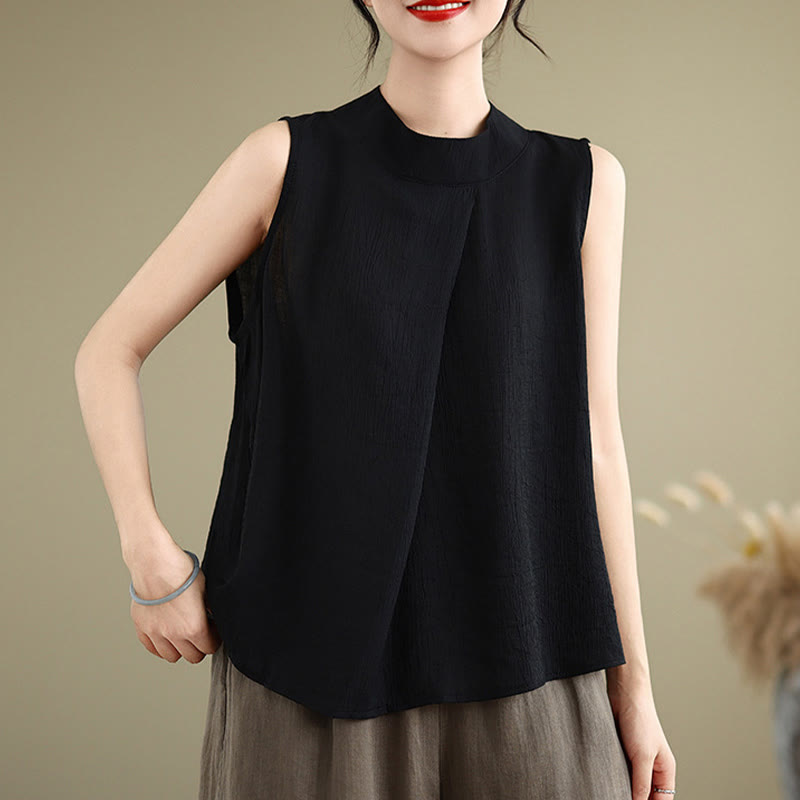 Nimara Ritual Casual Plain Back Buttom Design Stand Collar Cotton Linen Women's Sleeveless Vest