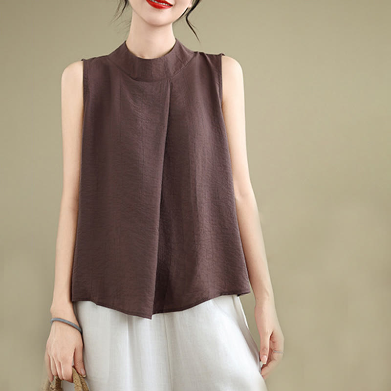 Nimara Ritual Casual Plain Back Buttom Design Stand Collar Cotton Linen Women's Sleeveless Vest
