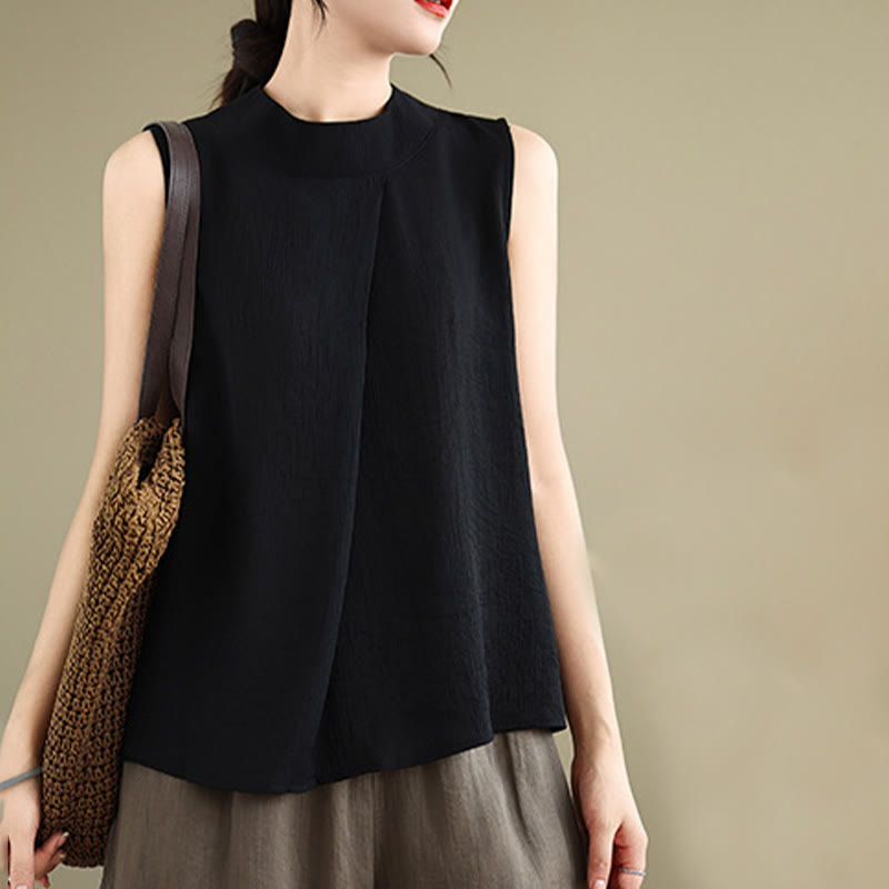 Nimara Ritual Casual Plain Back Buttom Design Stand Collar Cotton Linen Women's Sleeveless Vest