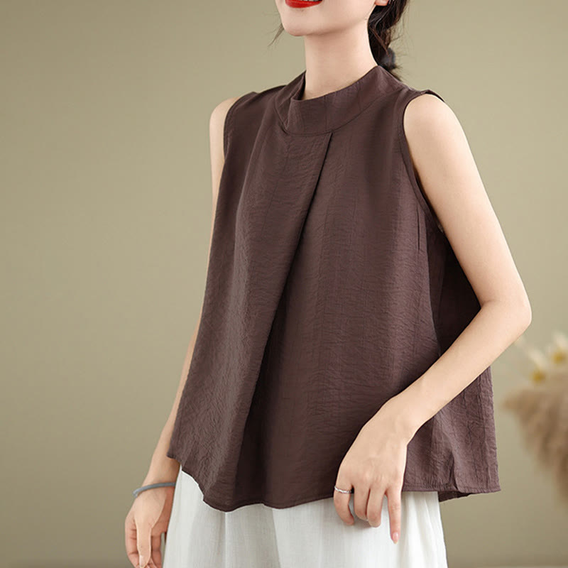 Nimara Ritual Casual Plain Back Buttom Design Stand Collar Cotton Linen Women's Sleeveless Vest