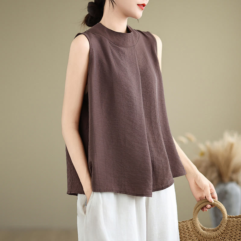 Nimara Ritual Casual Plain Back Buttom Design Stand Collar Cotton Linen Women's Sleeveless Vest