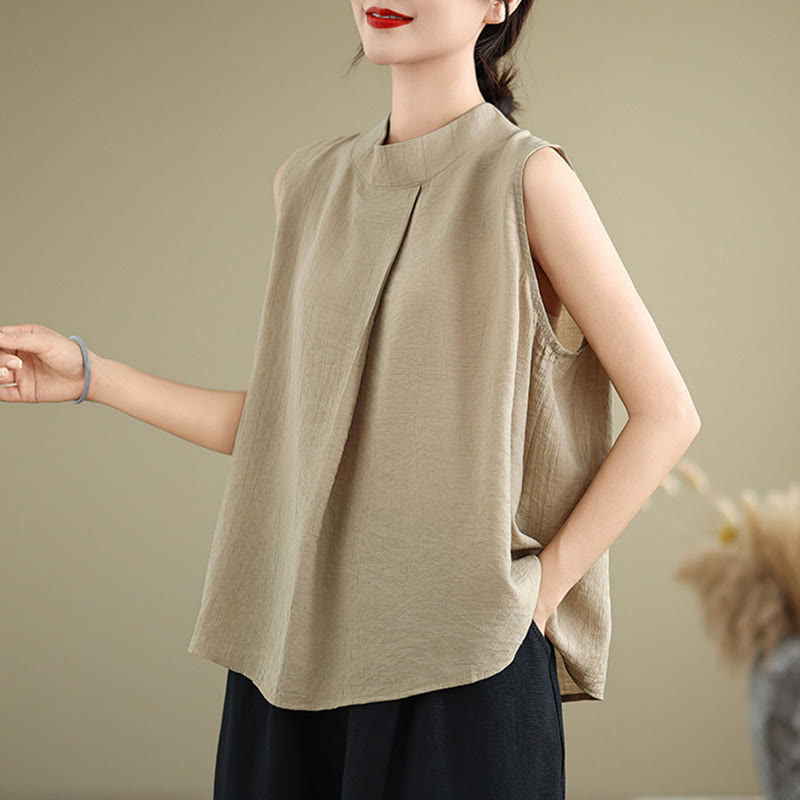 Nimara Ritual Casual Plain Back Buttom Design Stand Collar Cotton Linen Women's Sleeveless Vest